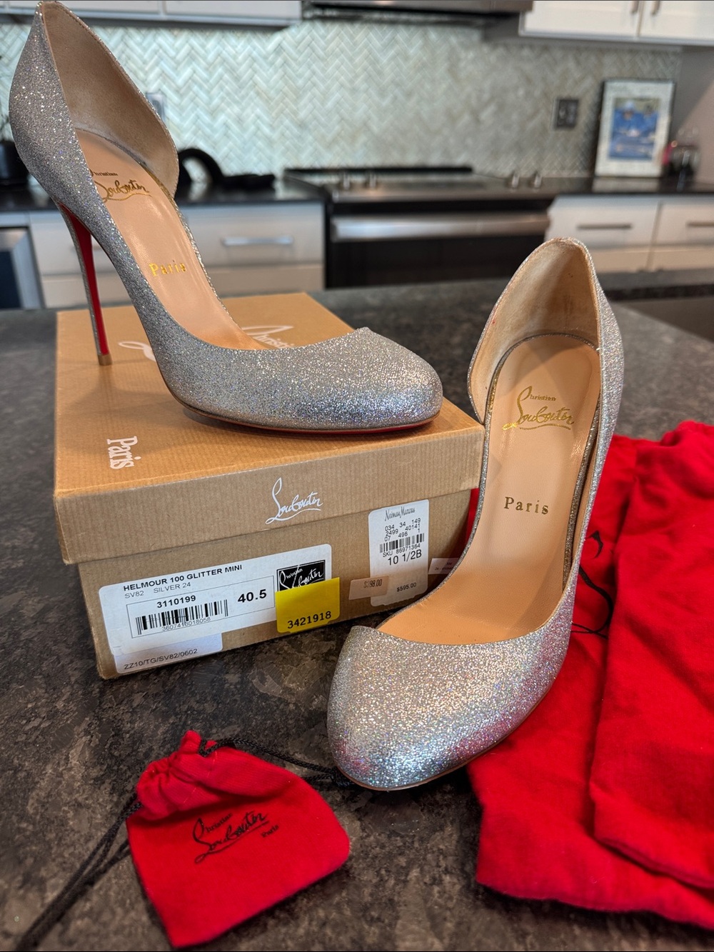 Christian Louboutin Silver Glitter Heels with Iconic Red Soles 40.5